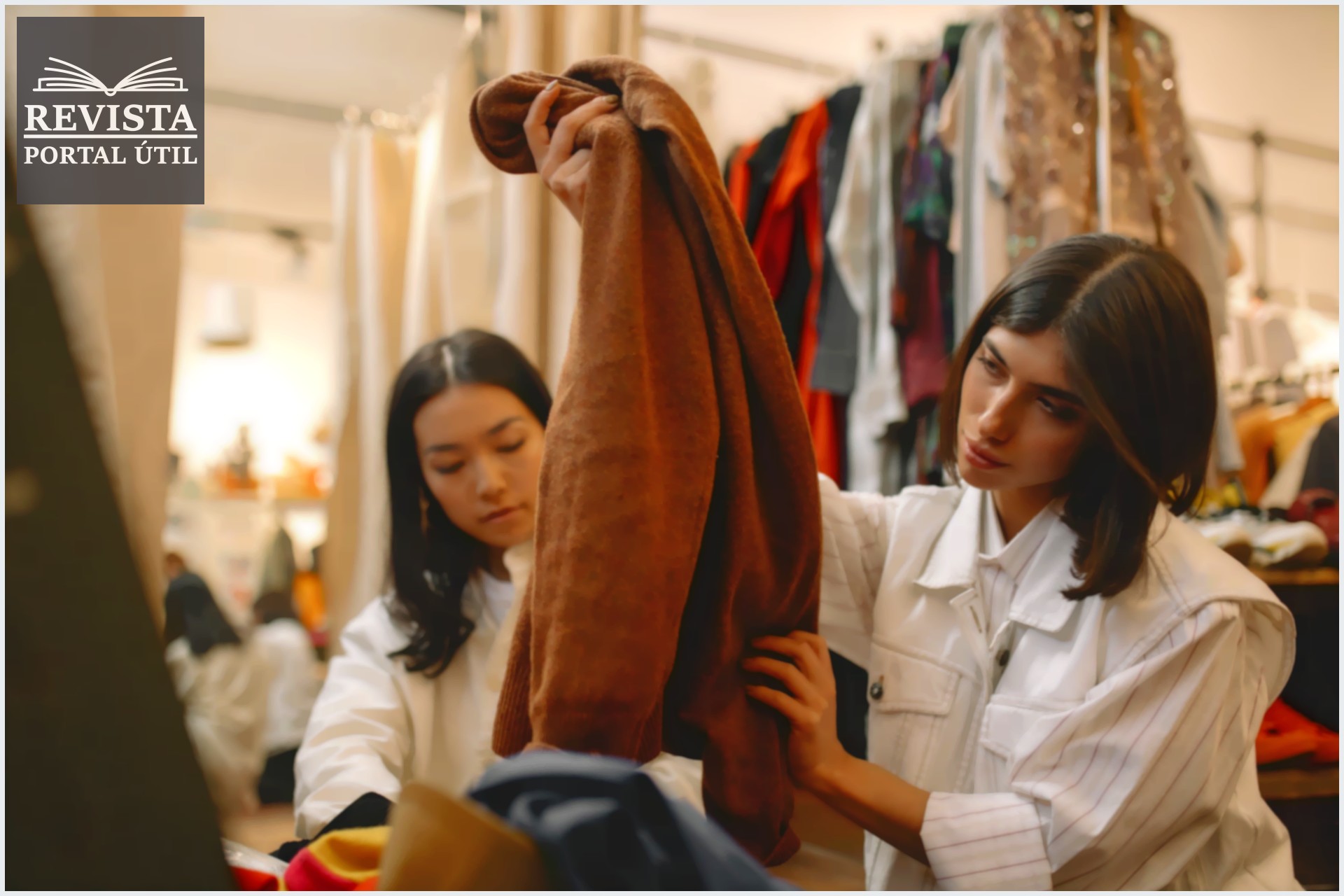 Duas mulheres escolhendo roupas para comprar