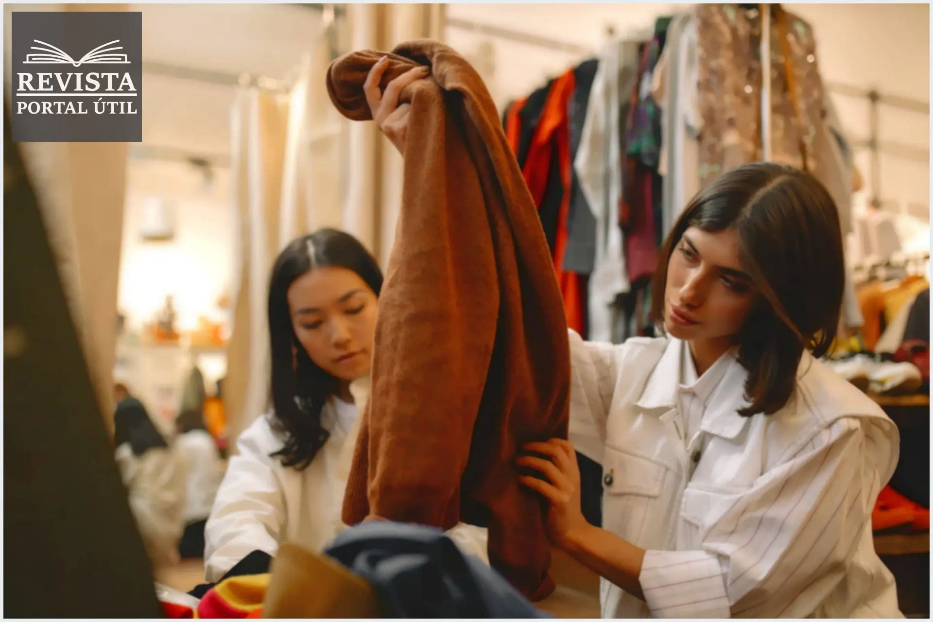 Qual o melhor site para comprar roupas baratas? Duas mulheres escolhendo roupas para comprar