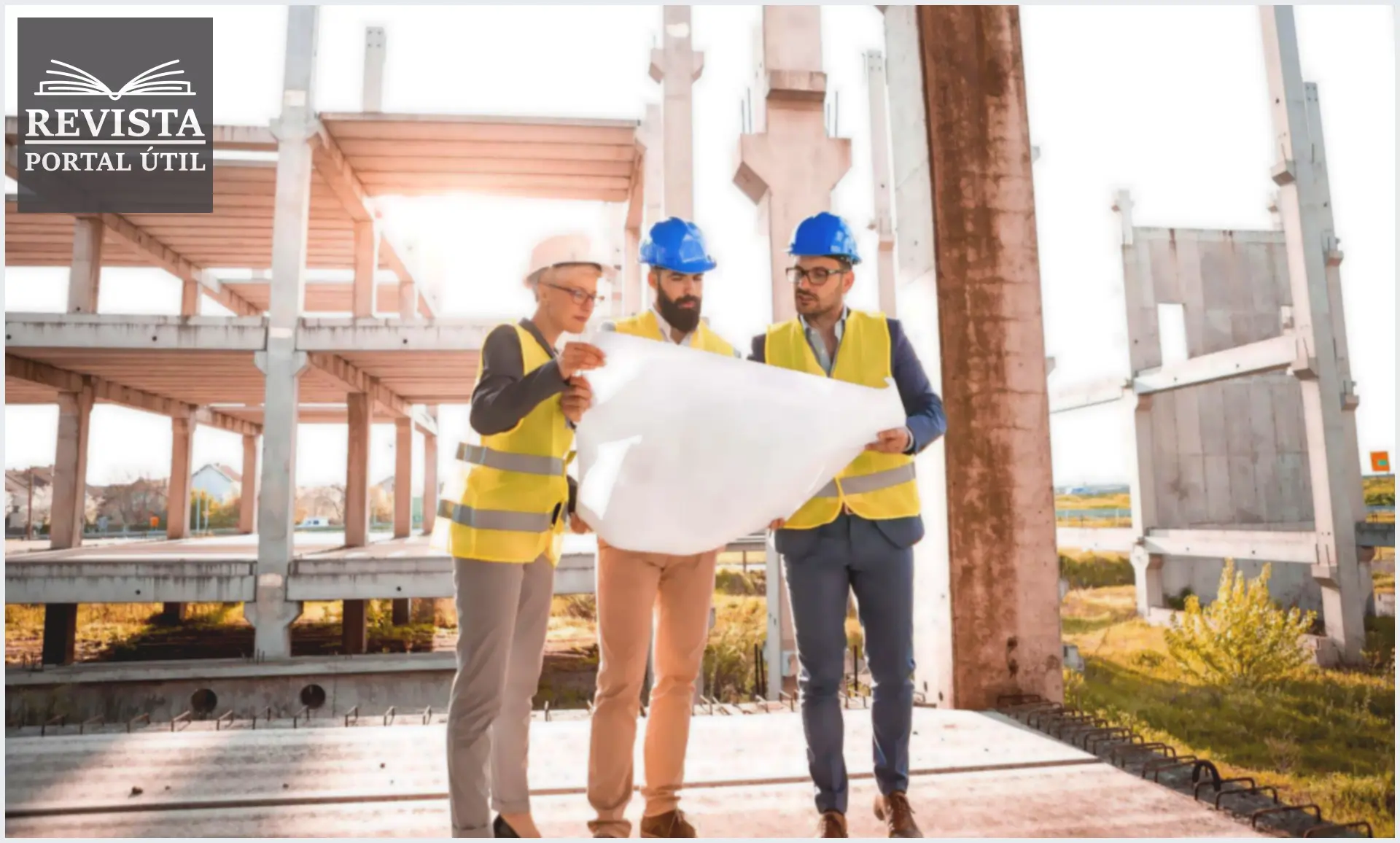 Engenheiros de uma empreiteira analisando um projeto de obra