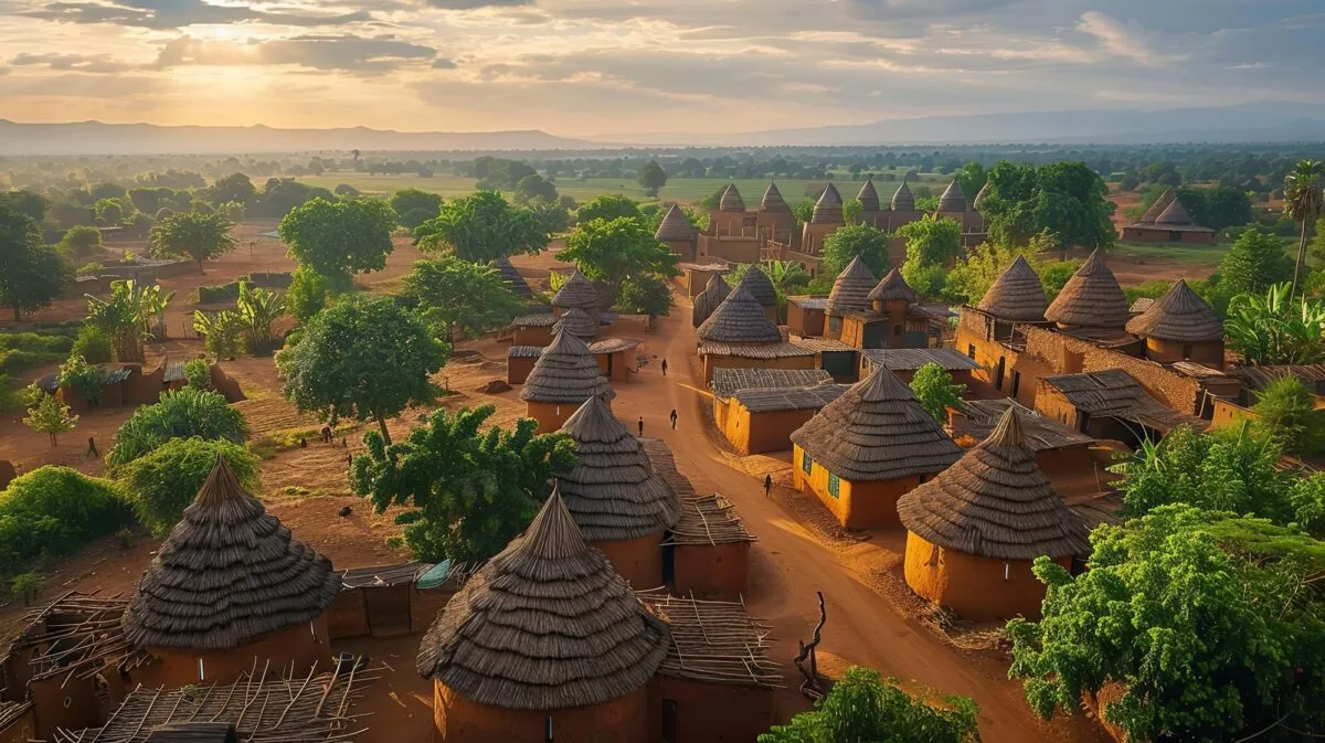 Vista aérea de aldeia africana com casas de barro e telhados de palha cônicos em meio à savana ao entardecer