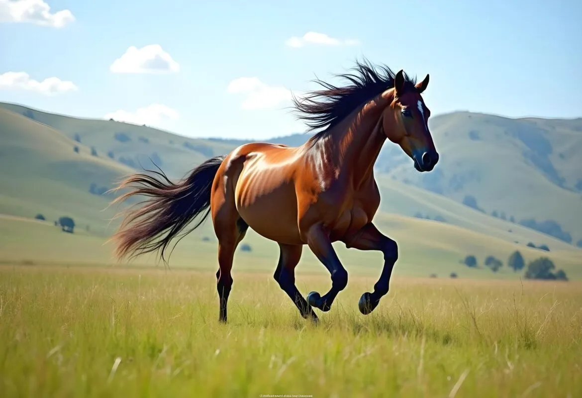 Cavalo marrom galopando solto por um campo verde, com colinas suaves e céu azul ao fundo