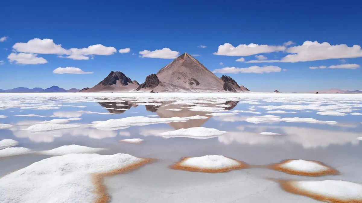 Lago de sal branco refletindo um vulcão em forma de pirâmide sob céu azul, em paisagem desértica