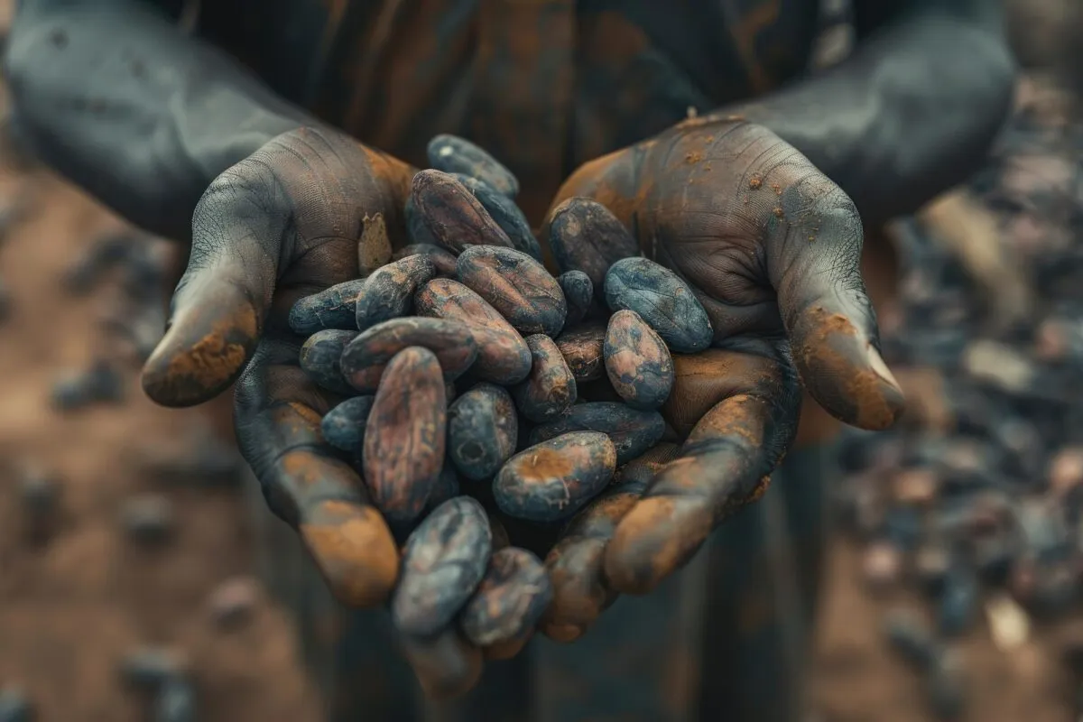 Mãos de um agricultor africano cheias de grãos de cacau secos, com solo de terra desfocado ao fundo