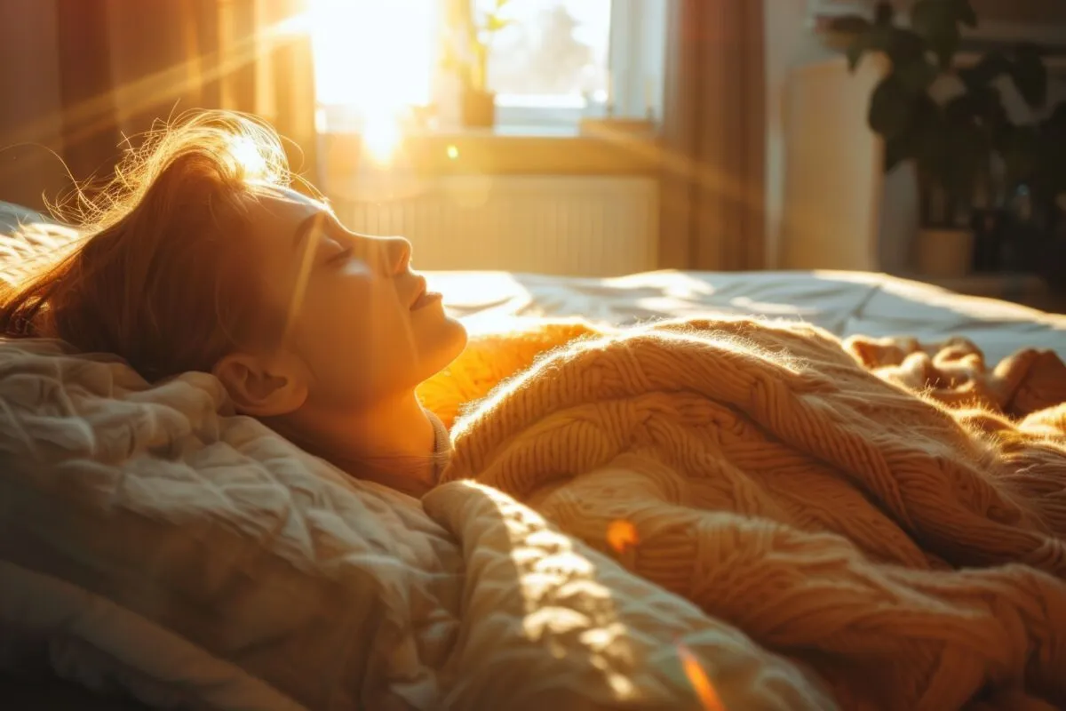Mulher deitada na cama com edredom, de olhos fechados, banhada pela luz dourada do sol que entra pela janela do quarto