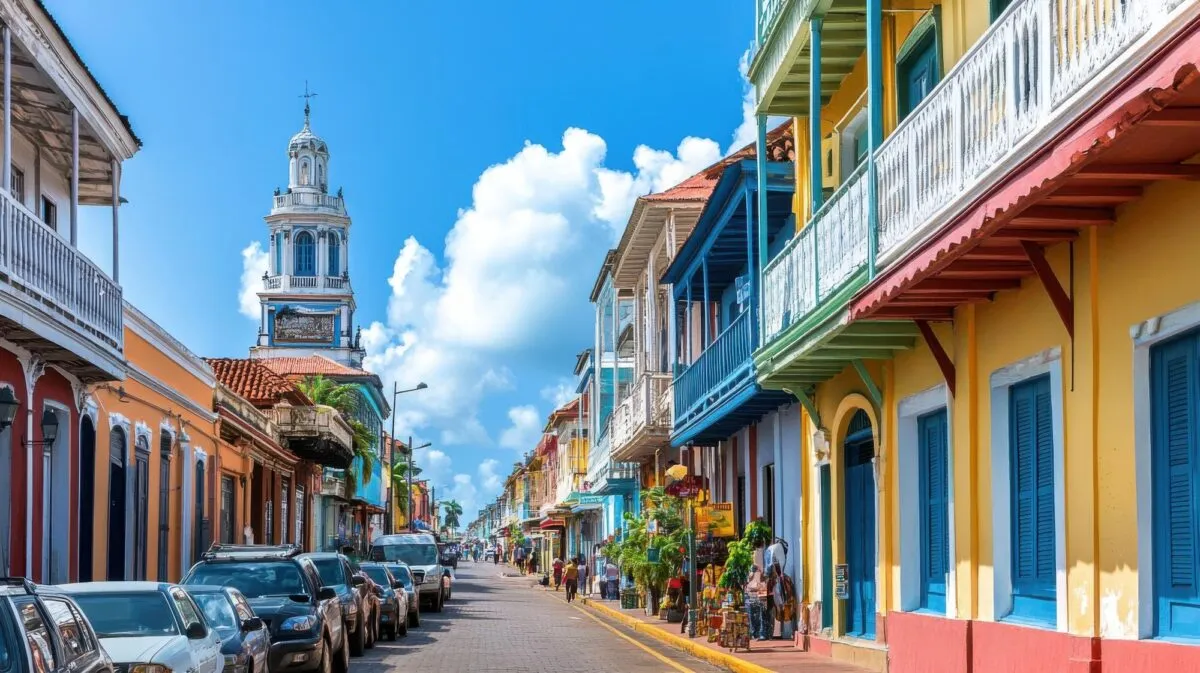 Rua de paralelepípedos com prédios coloniais coloridos e sacadas, torre de igreja ao fundo e céu azul em Cartagena, na Colômbia