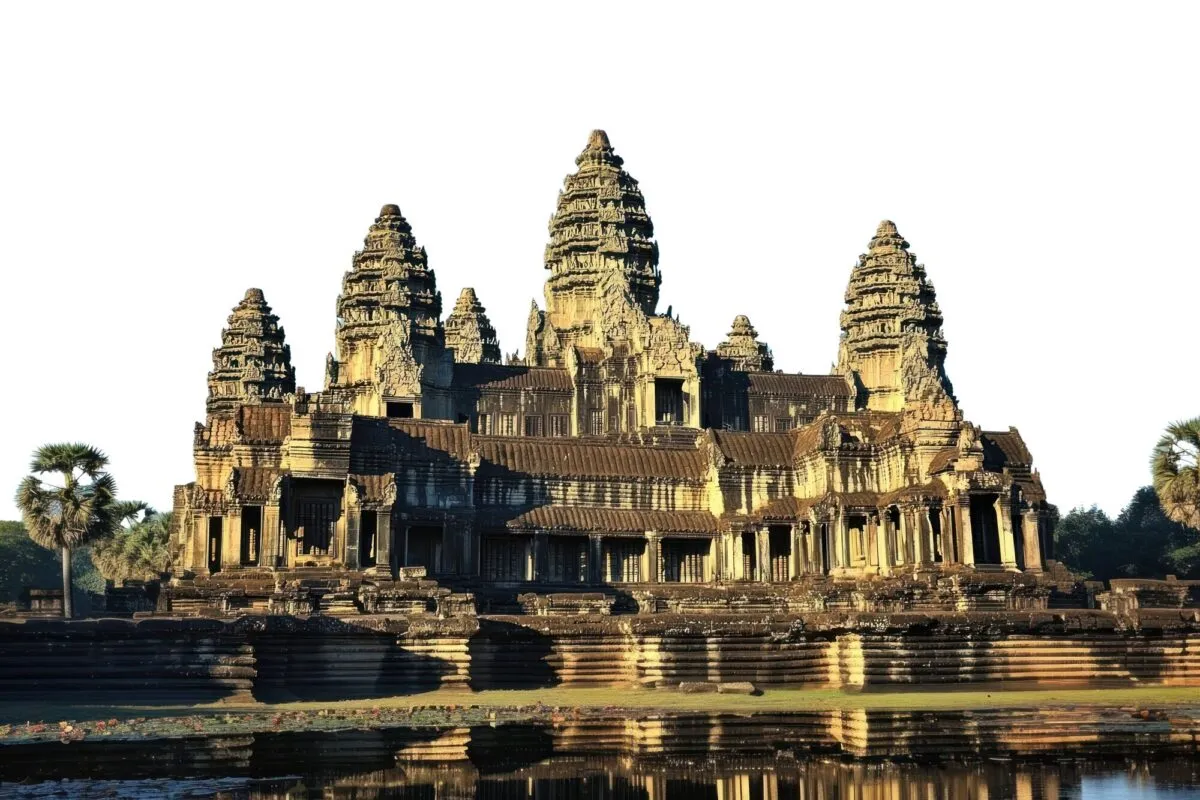 Templo de Angkor Wat com suas torres de pedra refletidas na água, principal monumento do Camboja