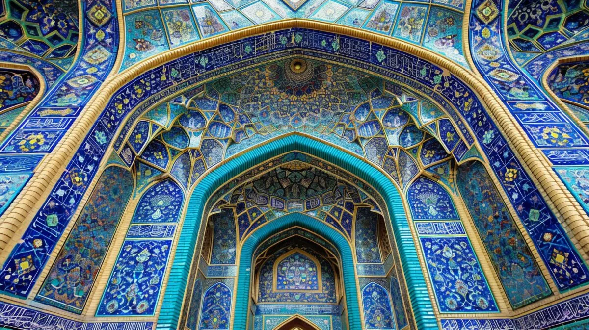 Fachada da Mesquita do Xá, em Isfahan, revestida de azulejos azuis e turquesa em padrões geométricos persas