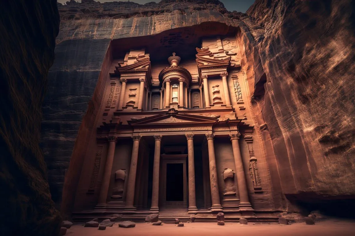 Fachada do Tesouro de Petra esculpida na rocha avermelhada, vista entre as paredes do desfiladeiro, no sul da Jordânia